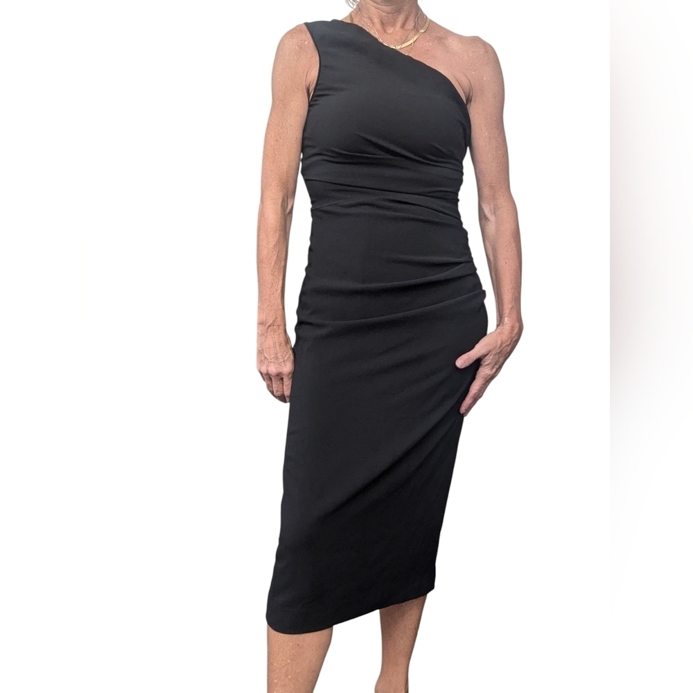 Dress the Population Martine Black One Shoulder Ruched Midi Dress S